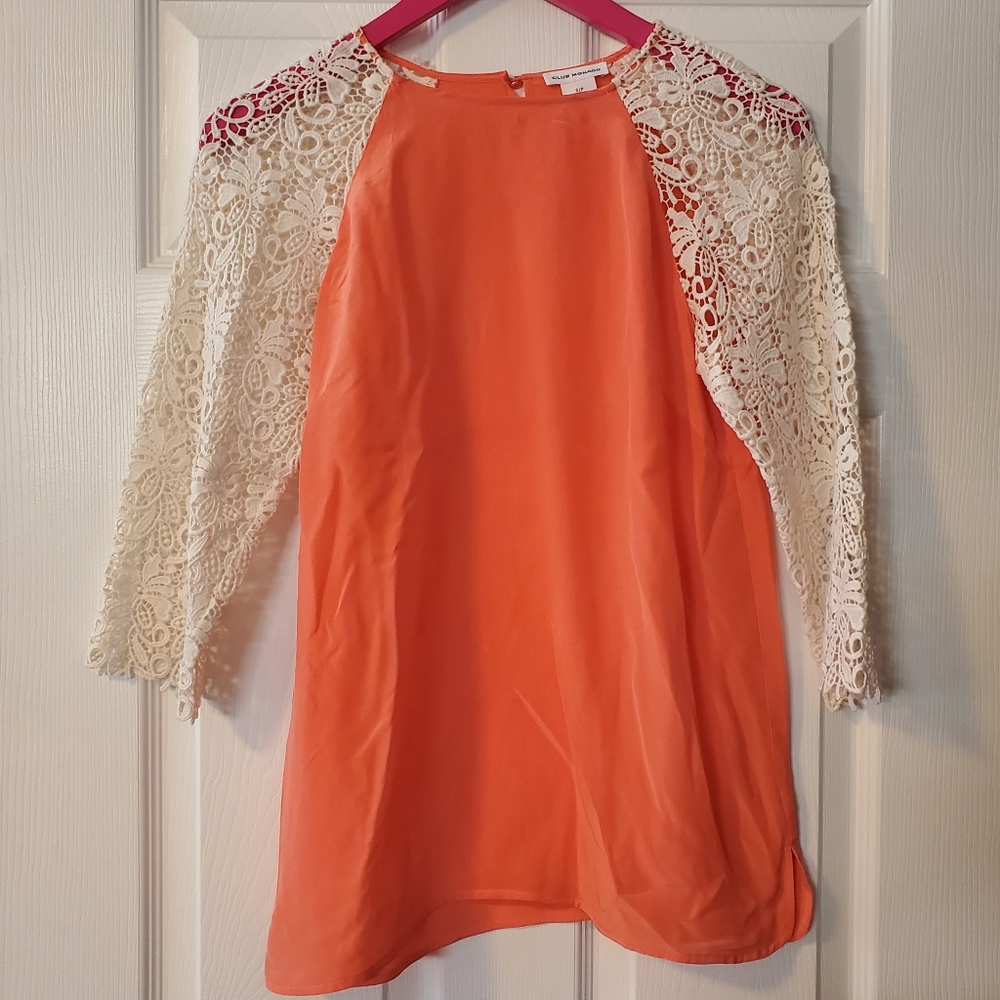 Club Monaco Coral Blouse with Lace Sleeves